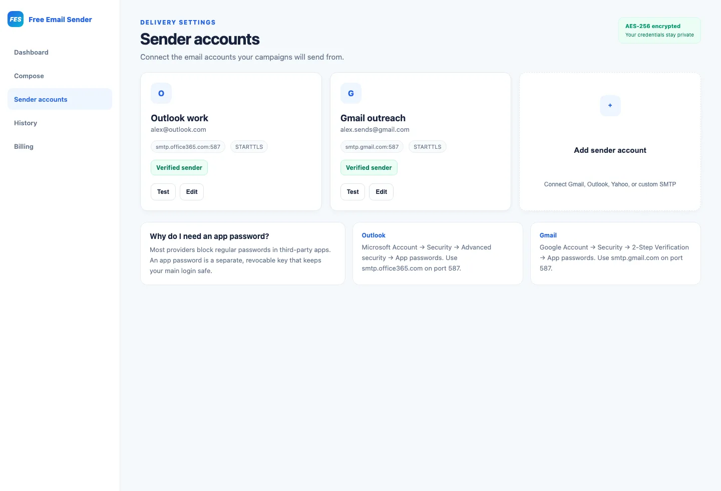 How to send bulk emails in Outlook — Free Email Sender sender accounts with verified Outlook SMTP and app password setup