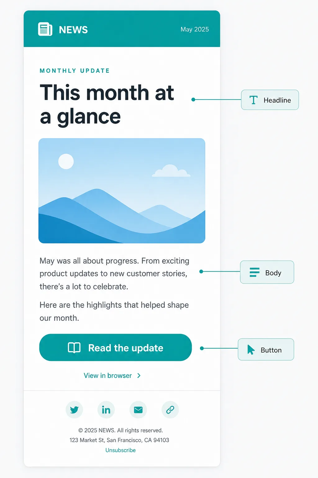 Newsletter email template layout with branded header, headline, body copy and Read the update button